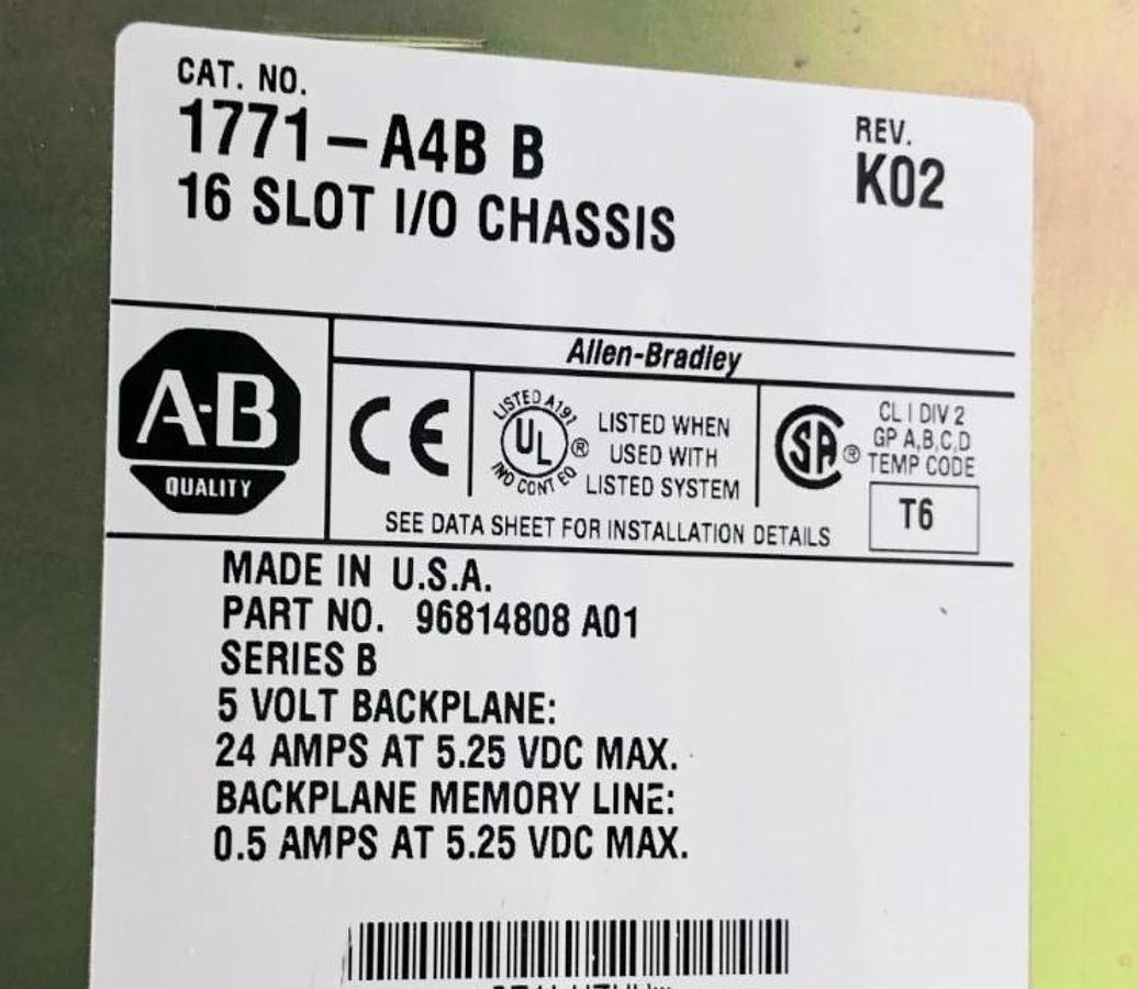 Used Allen Bradley 1771-A4B Ser. B 16-Slot I/O Chassis 24A 5.25VDC 96814809
