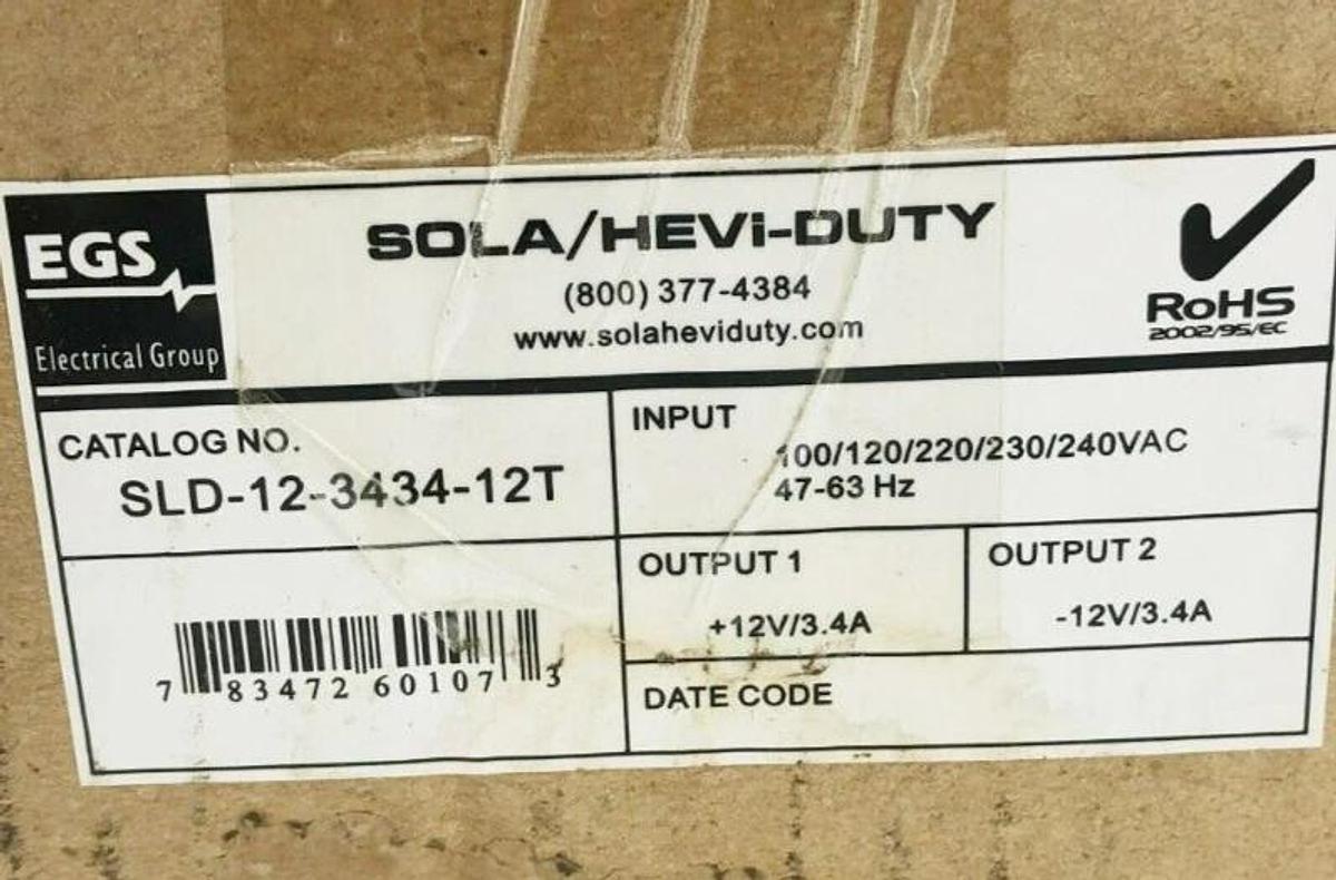 New Sola HD SLD-12-3434-12T Power Supply 100-240VAC In ±12VDC 3.4A Out