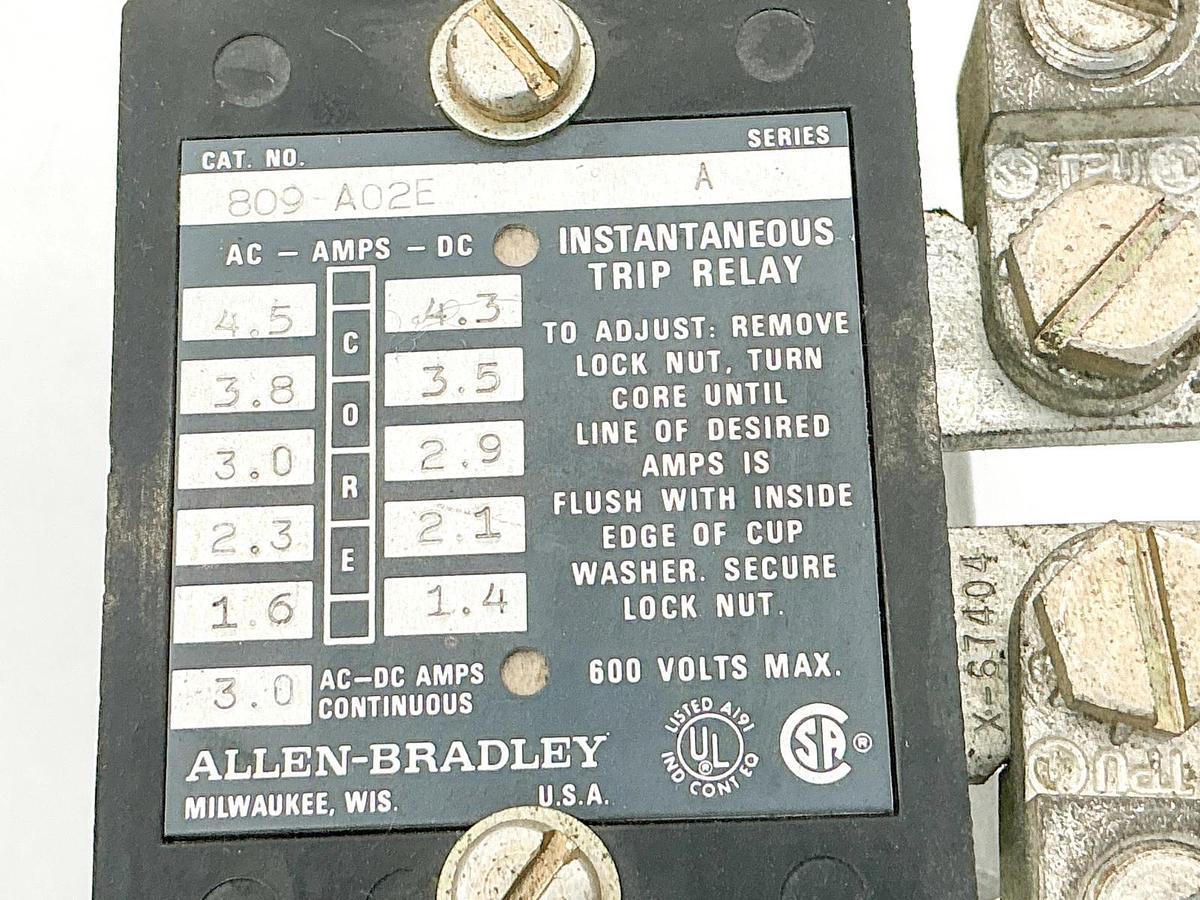 Used Allen Bradley 809-A02E Instantaneous Trip Relay 3A 600V Ser.A