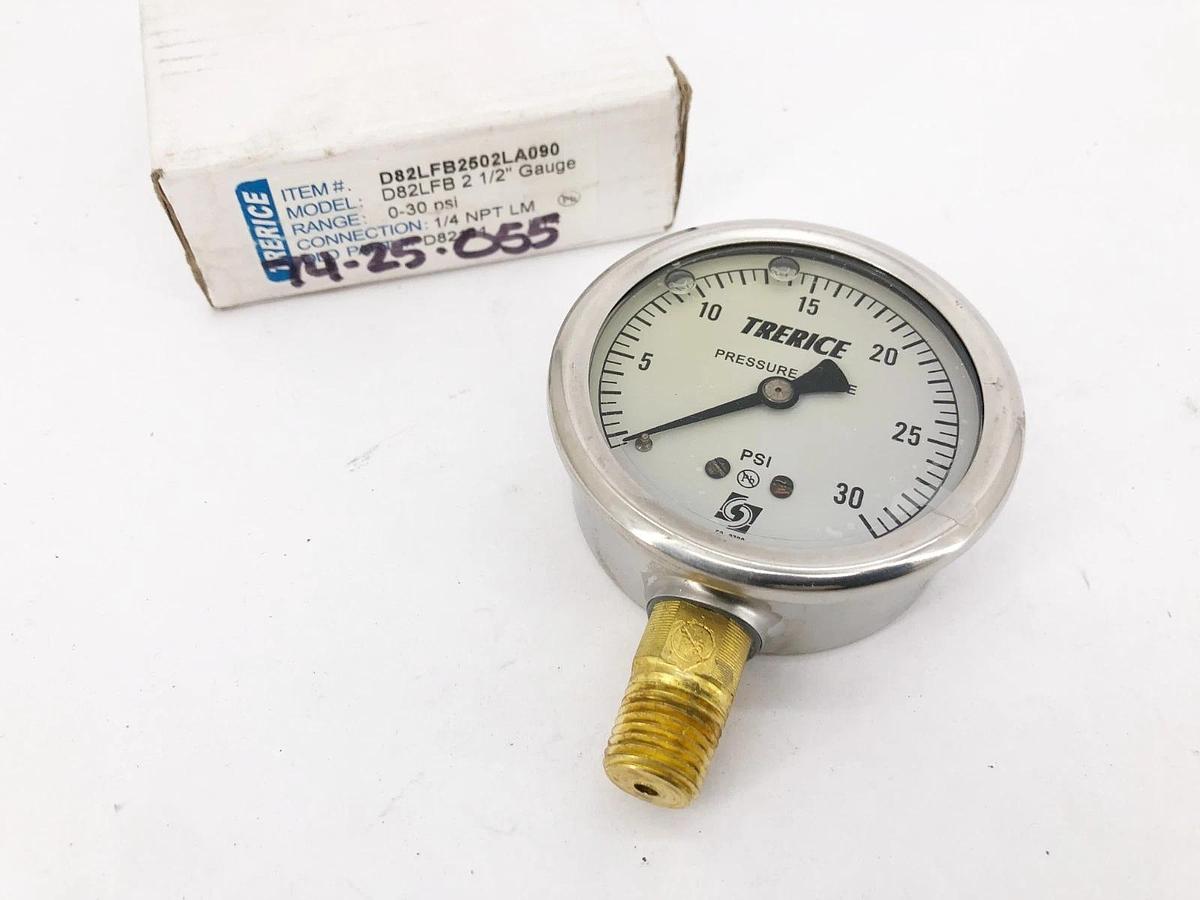 New Trerice D82LFB2502LA090 Gauge D82LFB 2-1/2" 0-30psi 1/4" NPT LM