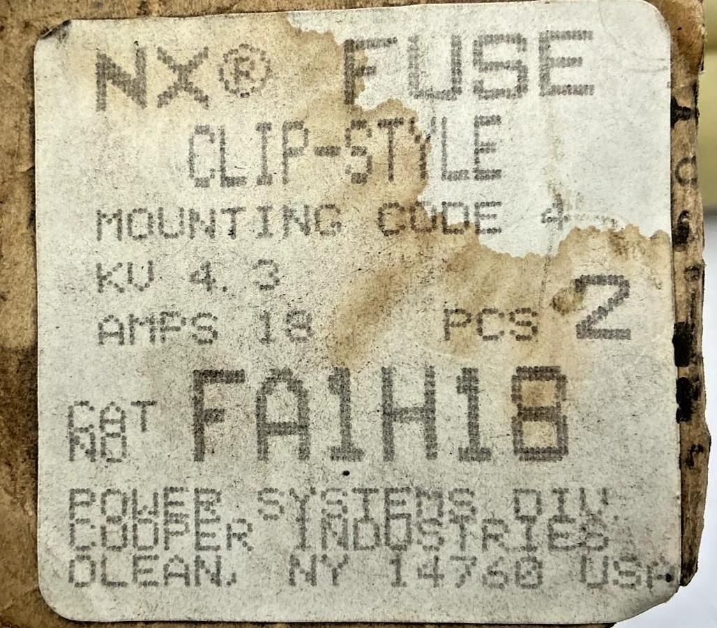 Lot of 2 New Cooper Power Systems FA1H18 NX Fuse 18A 4.3KV Max Mounting Code 4