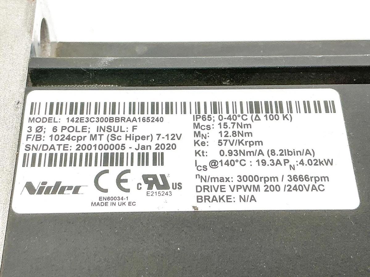 New Nidec 142E3C300BBRAA165240 Servo Motor 6P 3000/3666RPM 240Vac - No Box