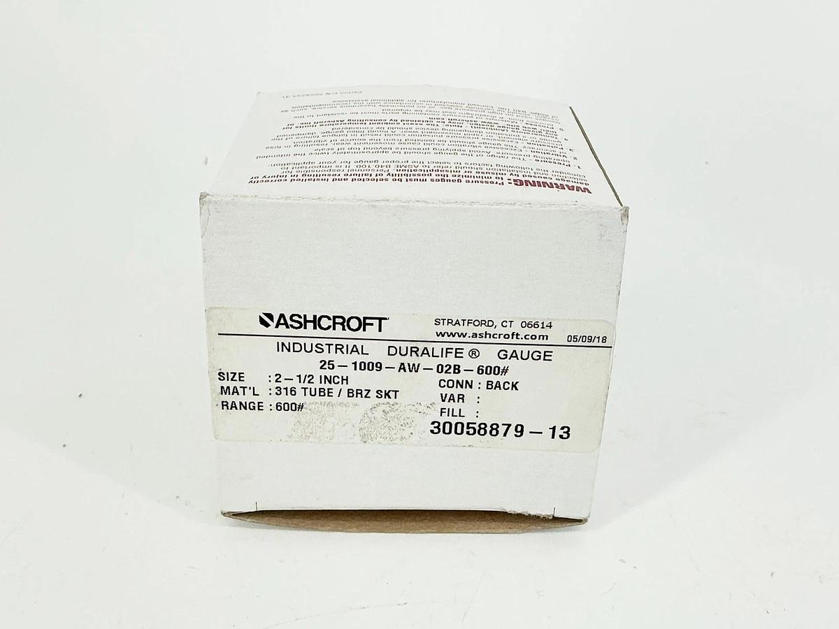 New Ashcroft 25-1009-AW-02B-600# Pressure Gauge 2-1/2" 0-600PSI 316 Tube