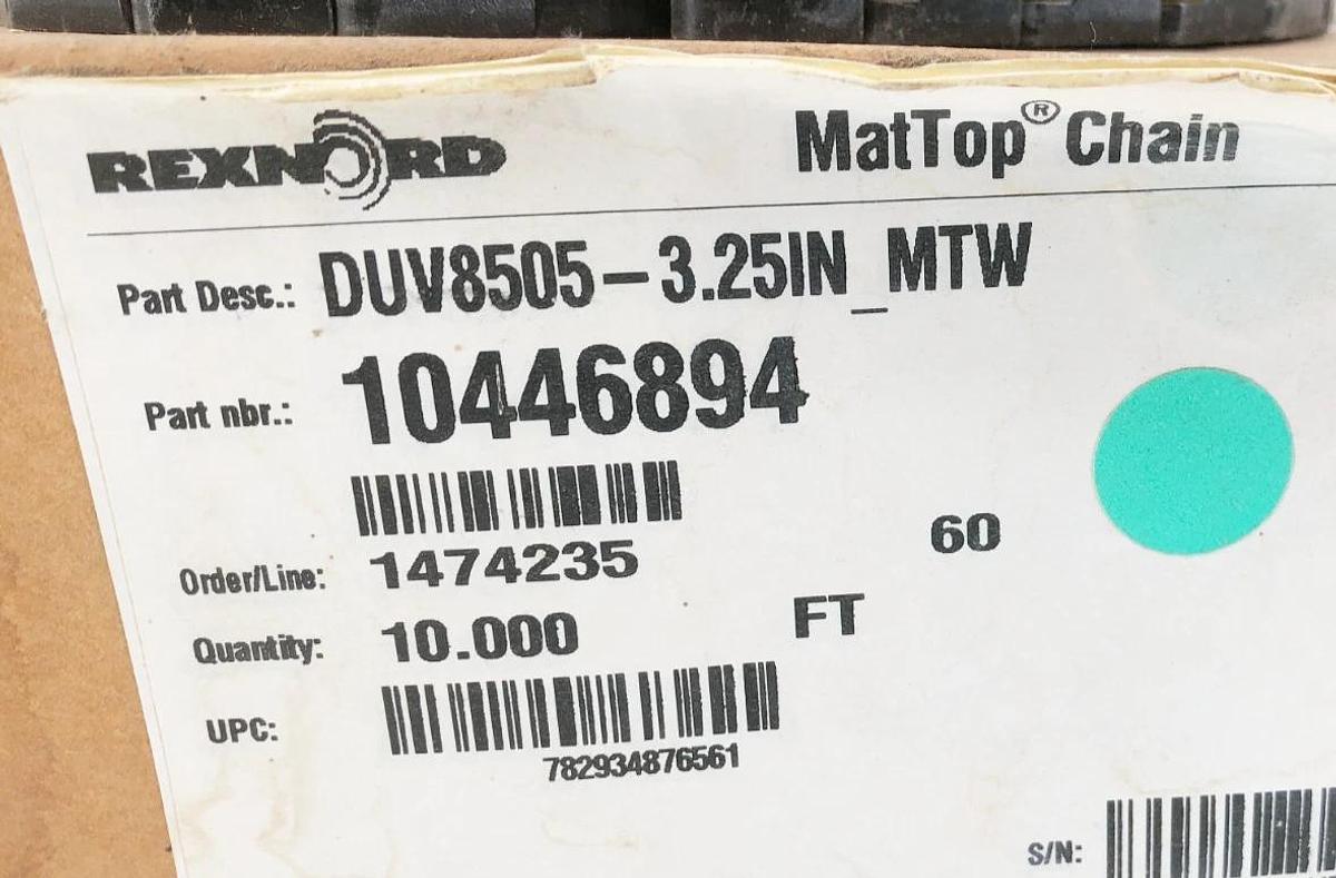 New Rexnord DUV8505-3.25IN-MTW MatTop Chain 10446894 10 FT - No Box