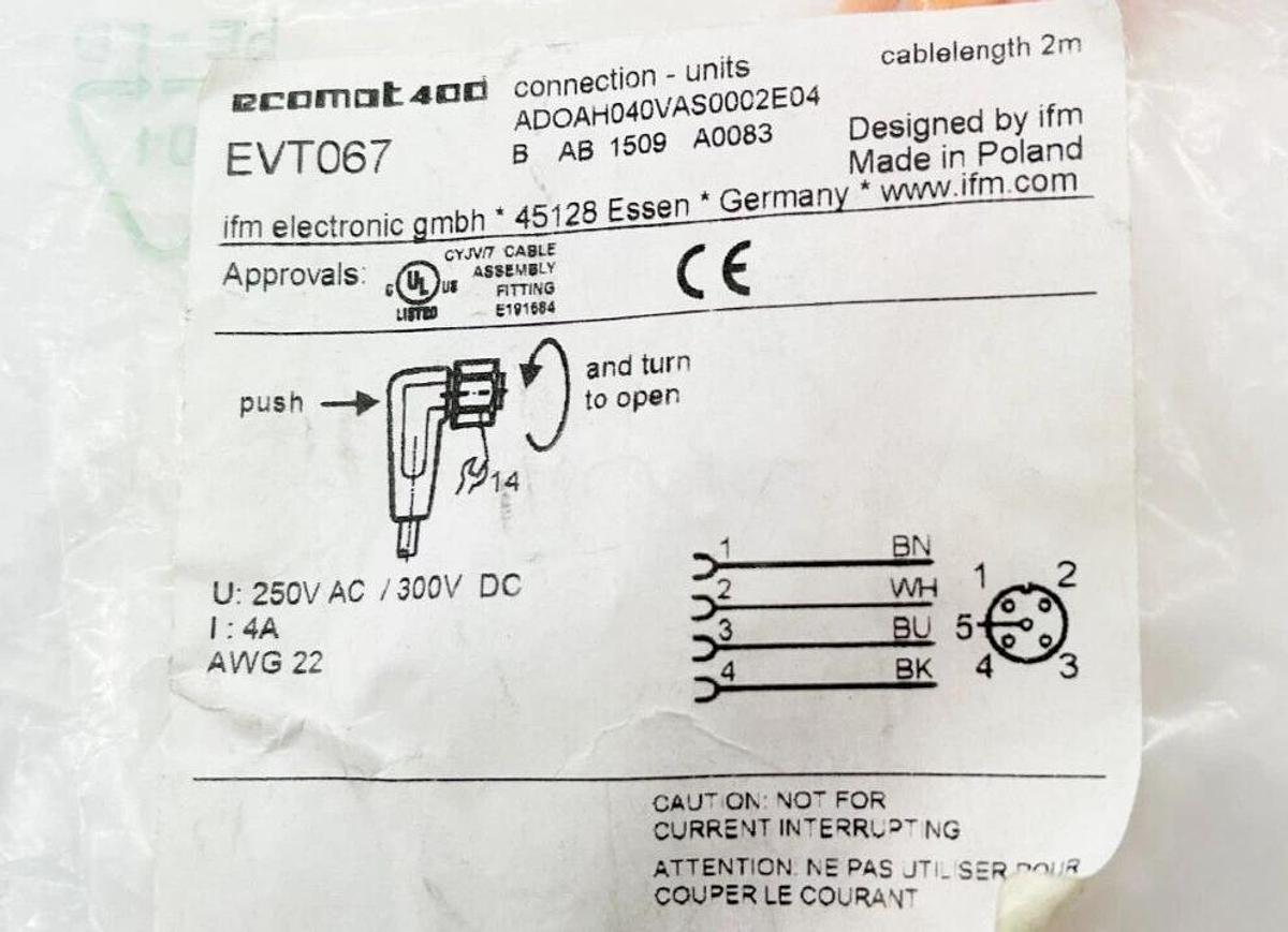 New IFM EVT067 Female Receptacle Cordset Connection Unit 250V AC/