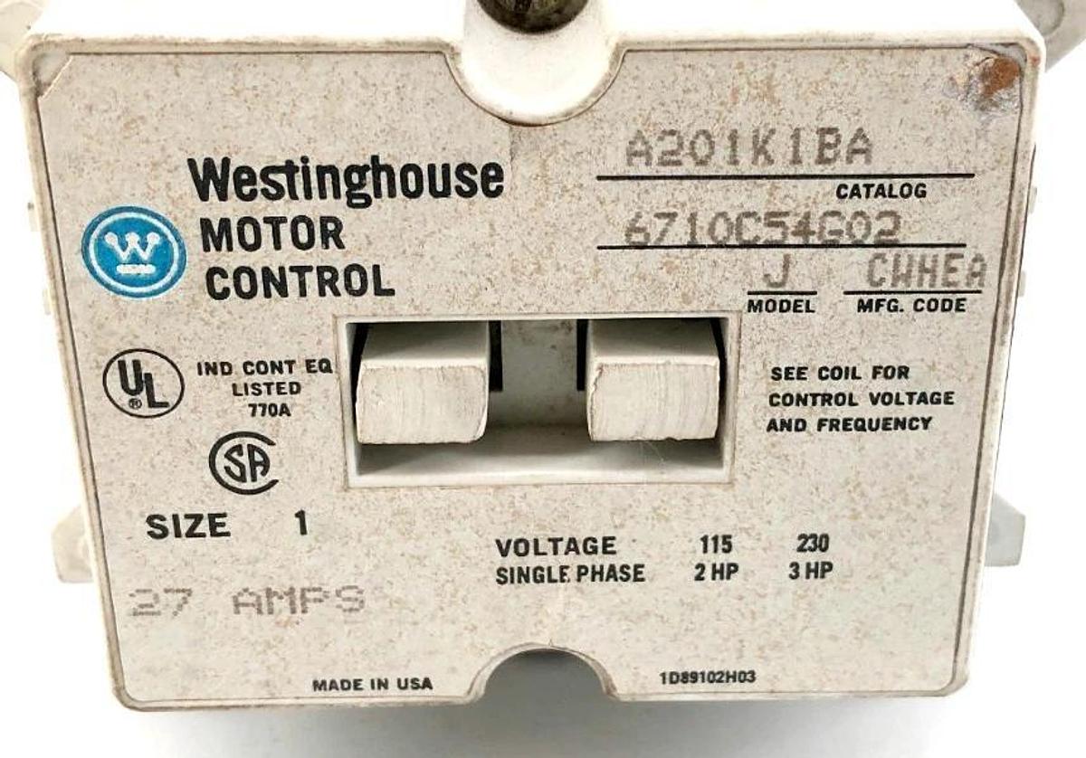 Used Westinghouse A201K1BA Non-Rev Contactor Model J 6710C54G02 120V 27A 230V 3HP