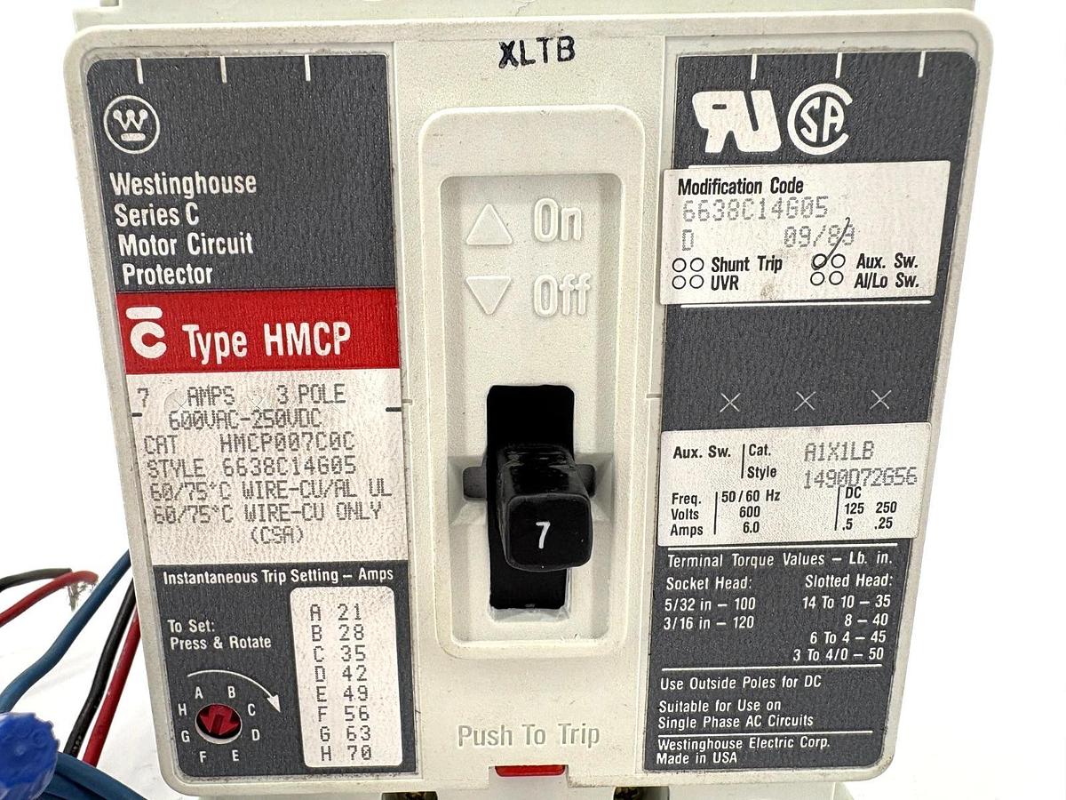 Used Westinghouse HMCP007C0C Circuit Breaker w/ A1X1LB Aux. Switch 7A 3P 600VAC