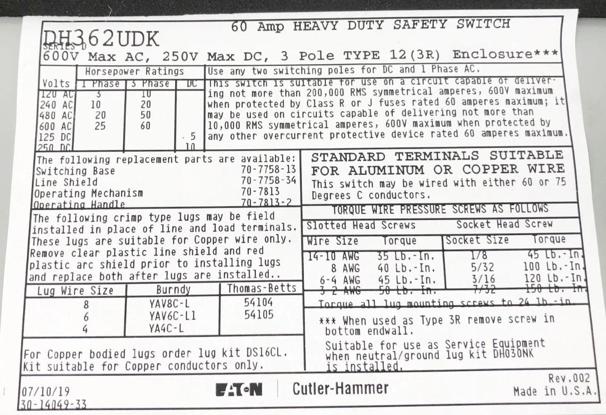 New Eaton DH362UDK Heavy Duty Safety Switch 60A 3P 600VAC 250VDC - No Box