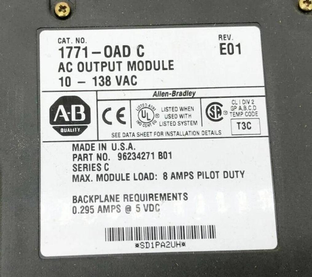 Used Allen Bradley 1771-OAD Ser. C AC Output Module 10-138VAC Rev. E01