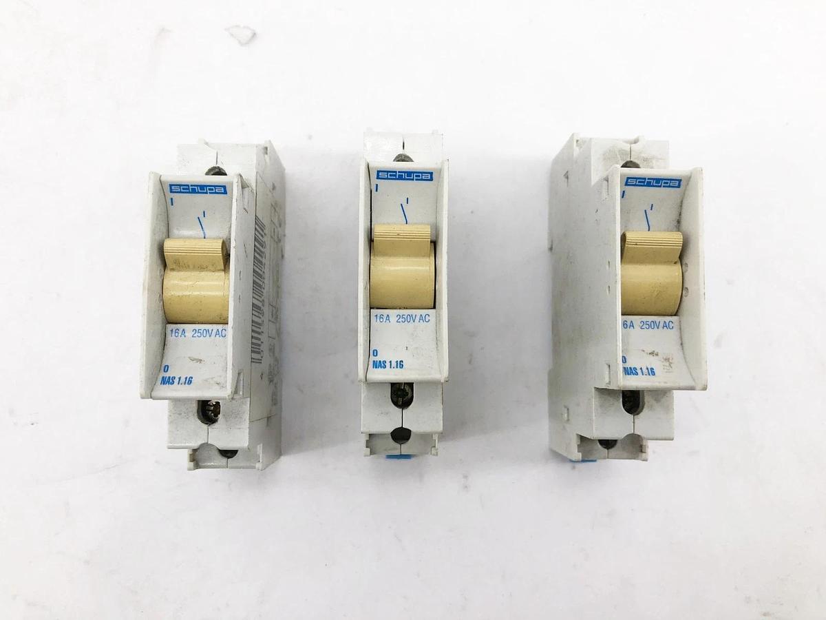 Used Lot of 3 Schupa NAS 1.16 Circuit Breakers 16A 250VAC 1 Pole