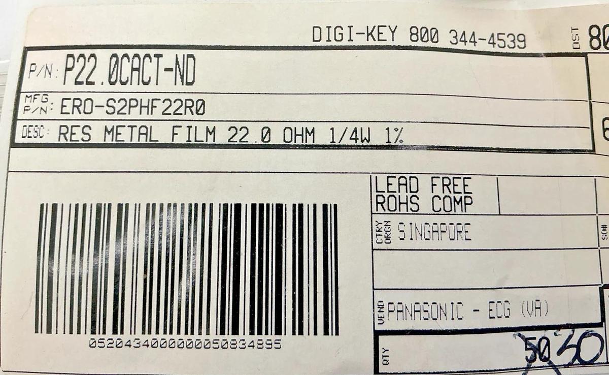 Bag of 30 ERO-S2PHF22R0 Metal Film Resistors 22OHM 1/4W 1% P22.0CACT-ND