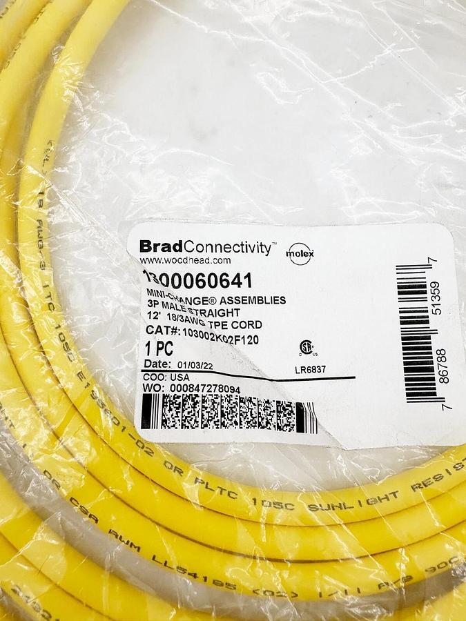 New Molex Woodhead 1300060641 Mini-Change Single-End Cordset 12' Length