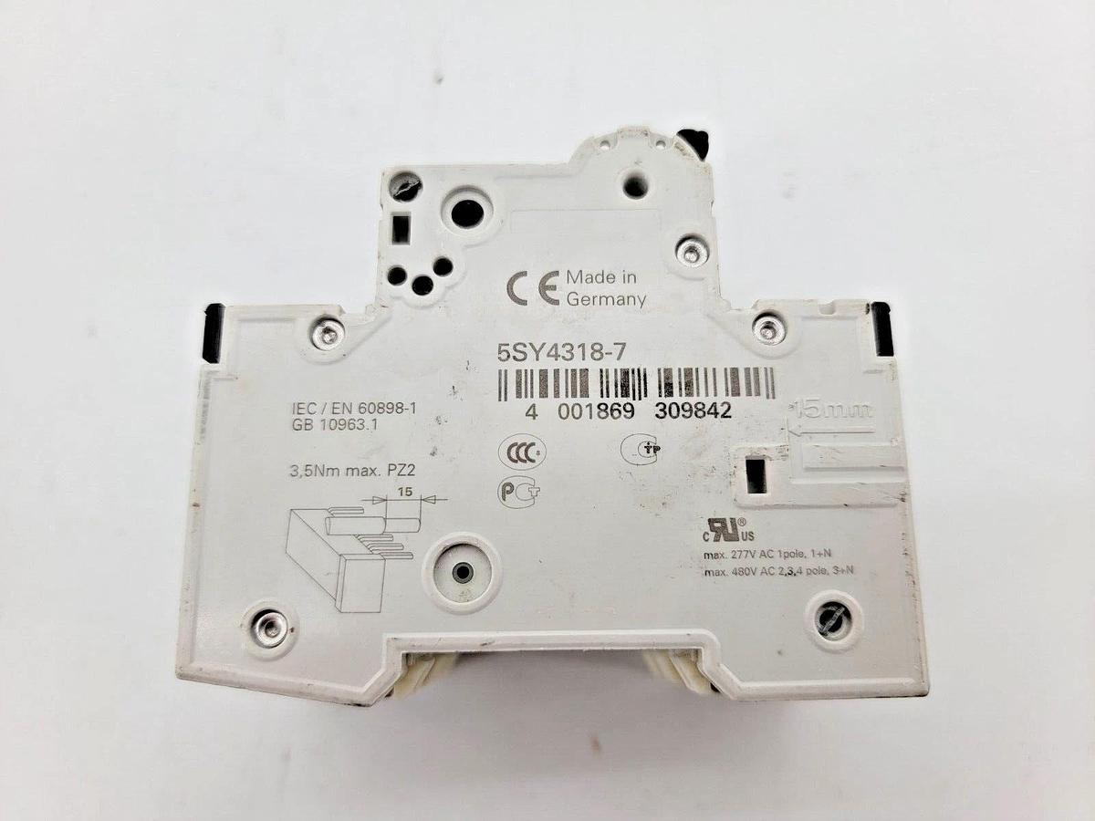 Used Siemens 5SY4318-7 Circuit Breaker 400VAC 15A Curve-C 3P 3PH