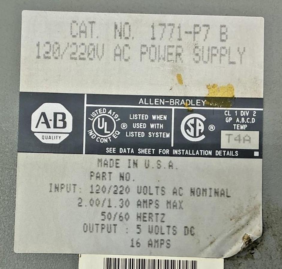 Used Allen Bradley 1771-P7 Ser B AC Power Supply 2/1.30A 120/220VAC 50/60HZ 1771P7
