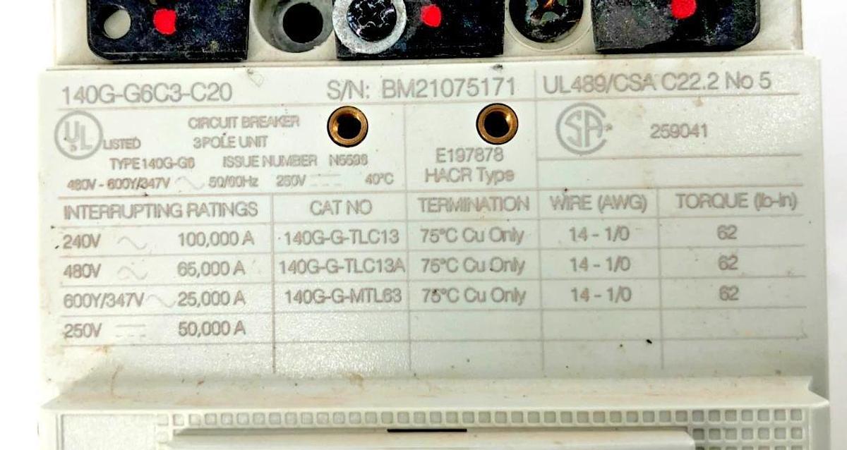New Allen Bradley 140G-G6C3-C20 Circuit Breaker 20A 3P 480V-600Y/347V - No Box