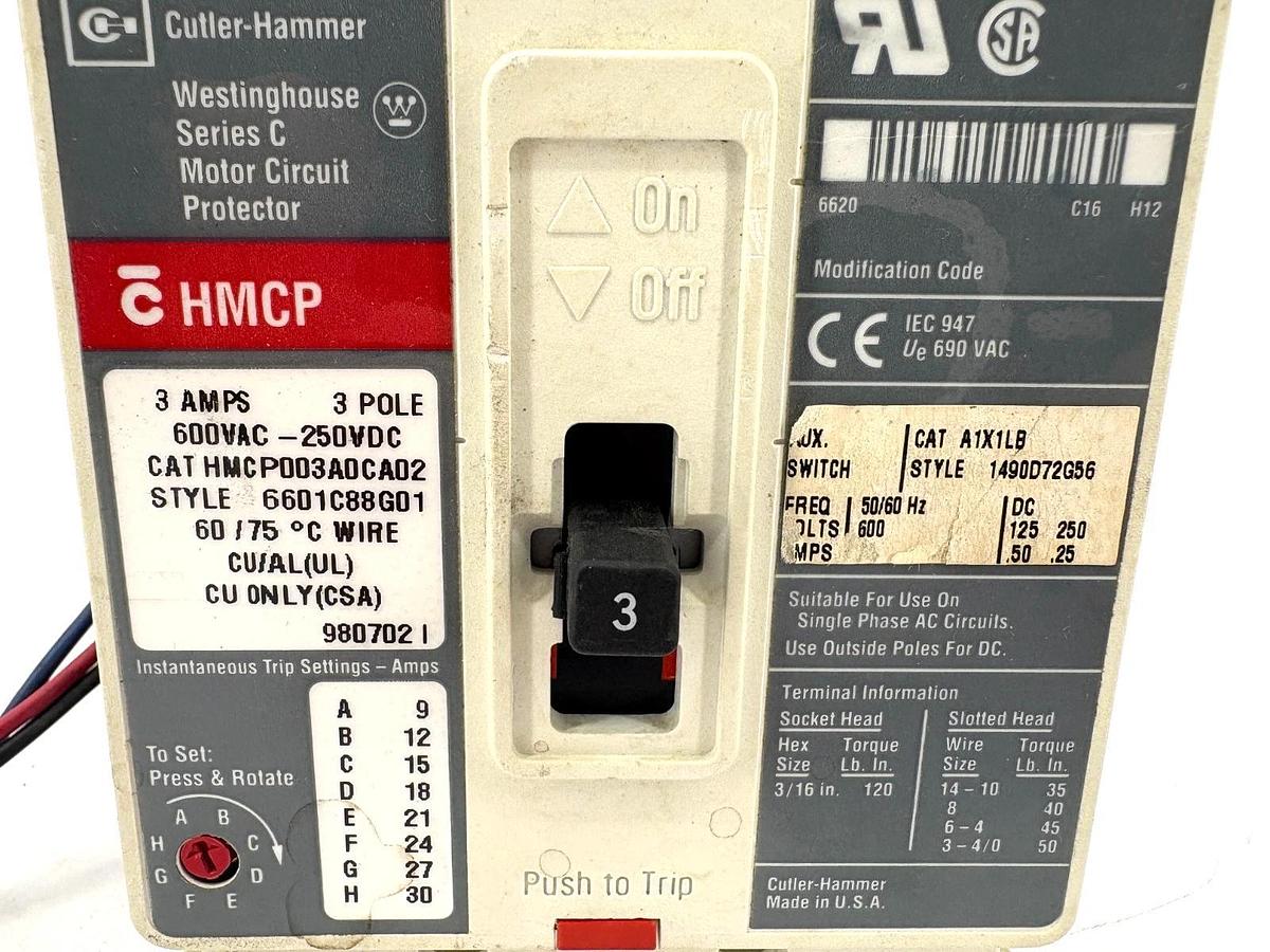 Used Cutler-Hammer HMCP003A0CA02 3A Circuit Breaker w/ A1X1LB Aux. Switch 600VAC 3P