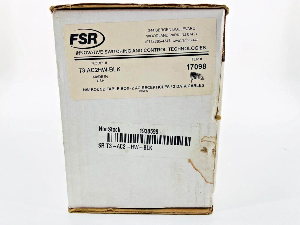 New FSR T3-AC2HW-BLK HW Round Table Box 2 AC Receptacles 2 Data Cables 17098
