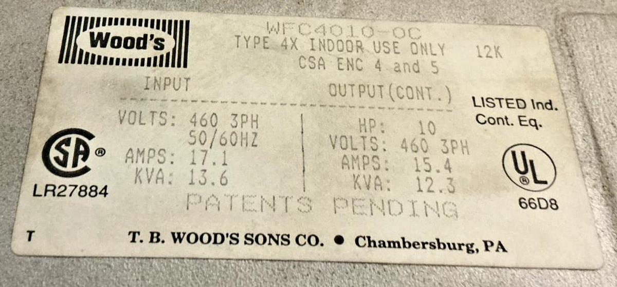 Used Woods WFC4010-0C AC Inverter Drive 3PH 15.4A 460VAC FOR PARTS ONLY