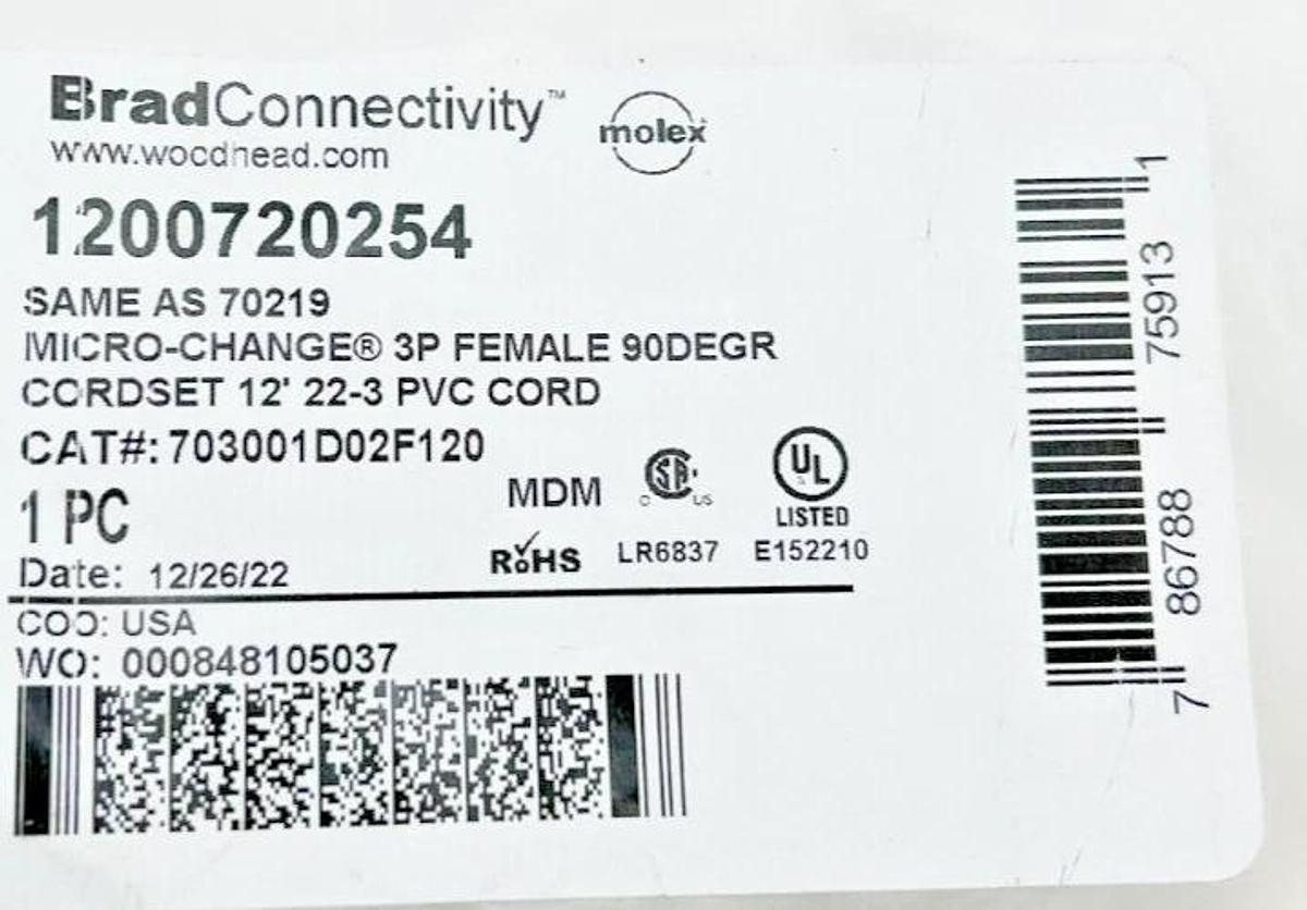 New Brad Connectivity 1200720254 Mircro Change 3P Female Cordset 90DEGR 12' 1