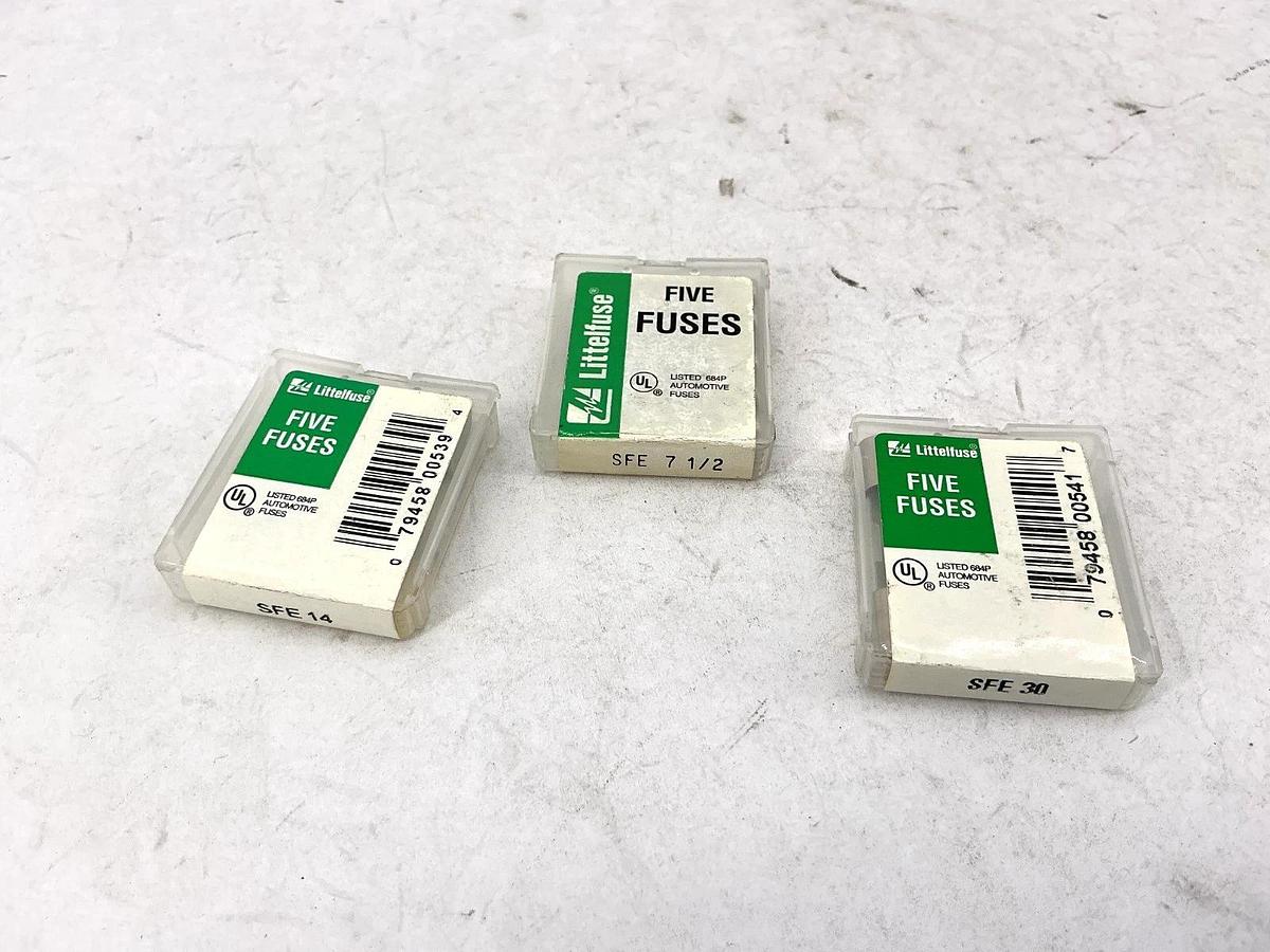 Lot of 24 New Assorted Littelfuse SFE Glass Fuses SFE-7-1/2, SFE-14 & SFE-30