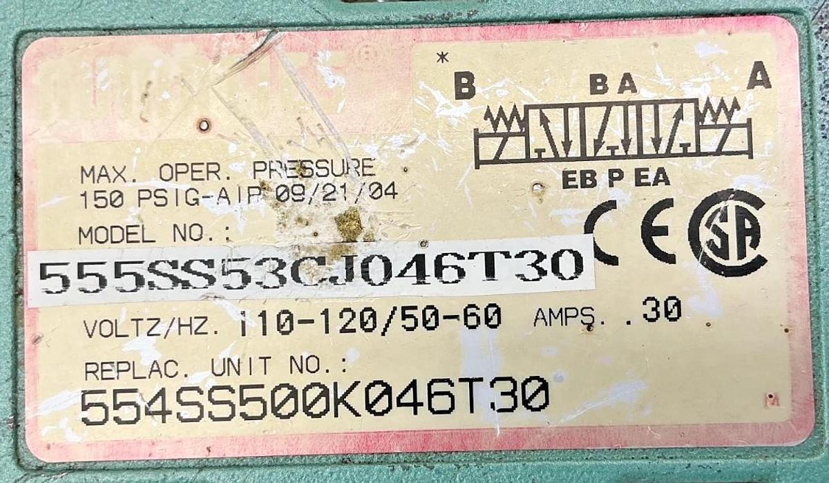 Used Numatics 555SS53CJ046T30 Solenoid Valve 150PSIG-Air 0.30A 110/120V 50/60HZ