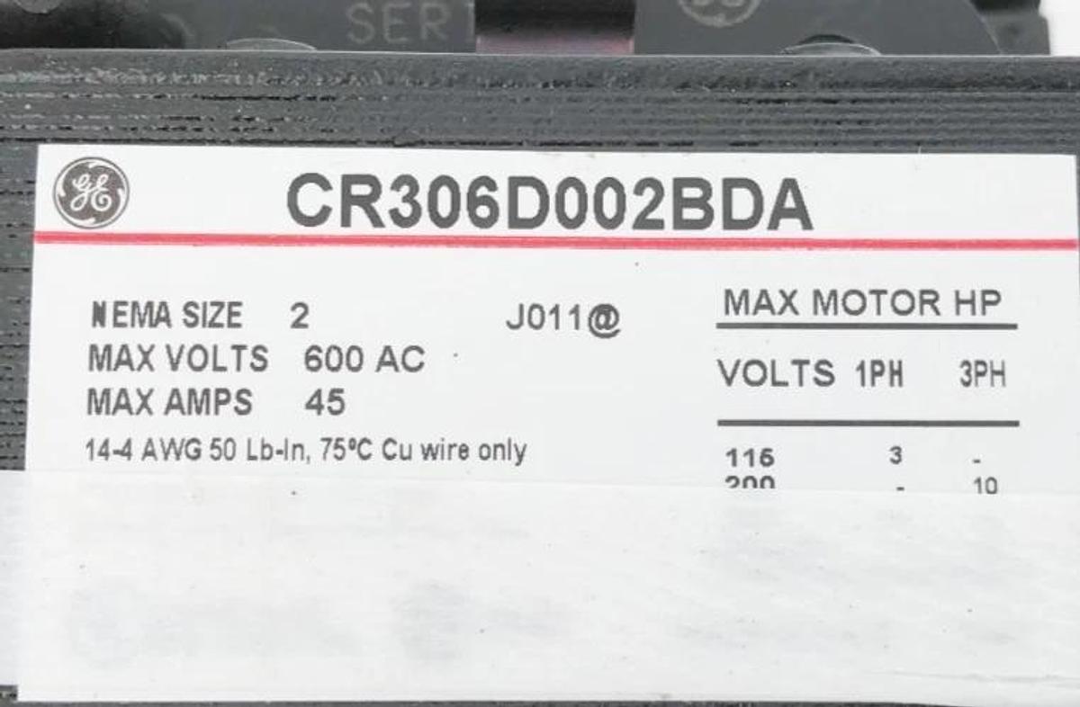 New GE General Electric CR306D002BDA Starter 120V 45A 3P Size 2