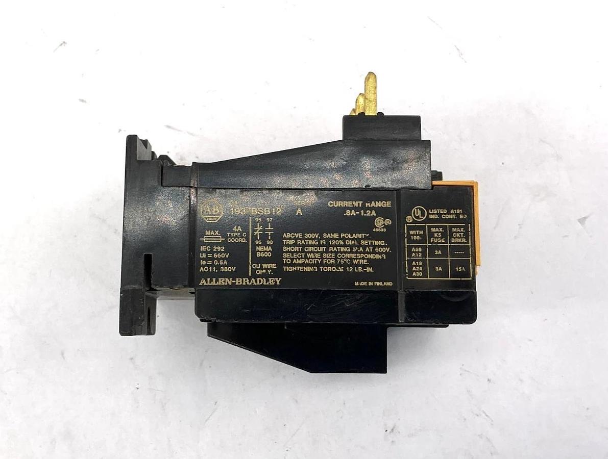 Used Allen Bradley 193-BSB12 Ser A Relay Current Range 0.8A-1.2A 380V