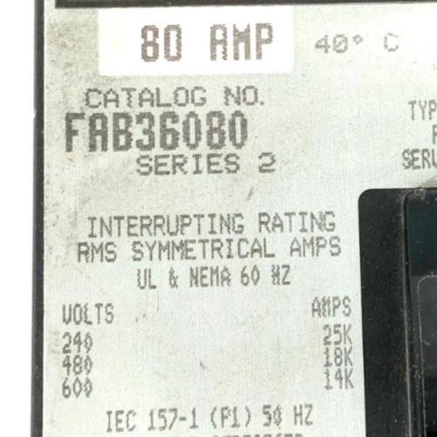 Used Square D FAB36080 Circuit Breaker 3P 80A 600VAC 250VDC Series 2