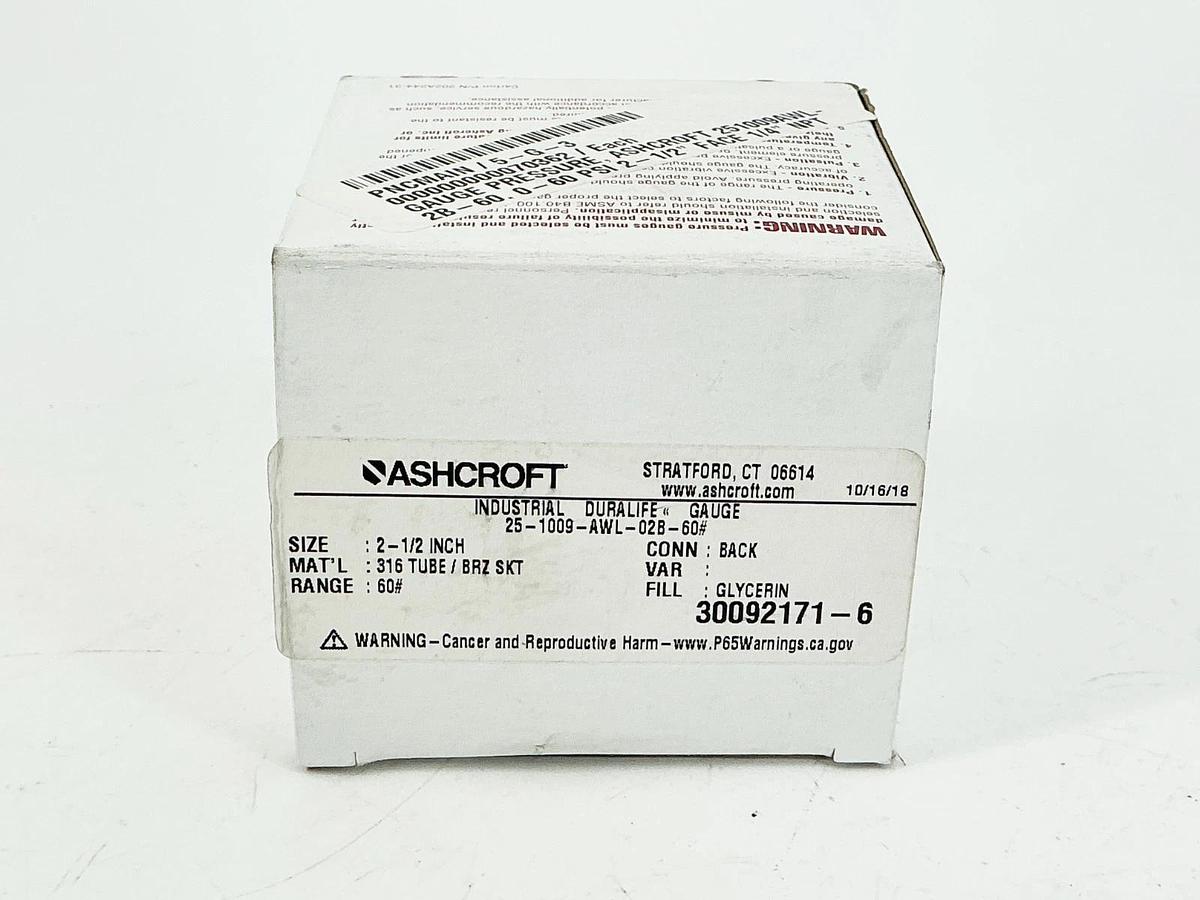 New Ashcroft 25-1009-AWL-02B-60# Pressure Gauge 0-60PSI 2.5" 1/4"NPT