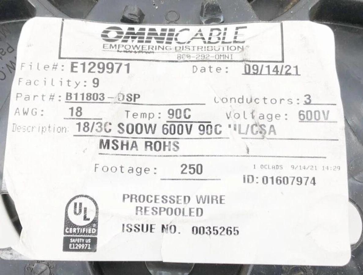 New Omni Cable B11803-DSP Power Cord 18/3C SOOW 600V 90C 14LB. Reel