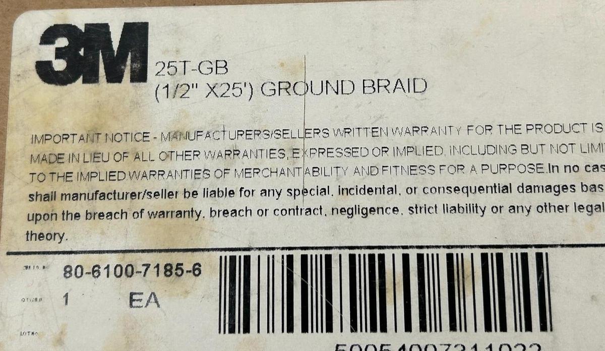 New 3M 25T-GB Electrical Grounding Braid 1/2"X25' 80-6100-7185-6