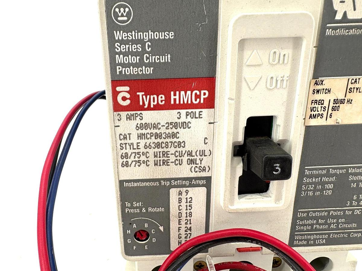 Used Westinghouse HMCP003A0C 3A Circuit Breaker w/ A1X1PK Aux. Switch 3P 600VAC 250VD