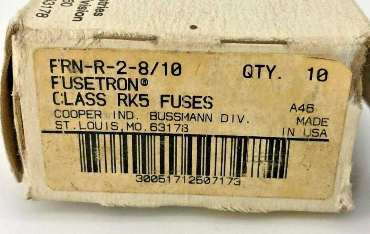 Box of 10 New Bussmann FRN-R-2-8/10 Time Delay Fuses, 250VAC, 2-8/10 A
