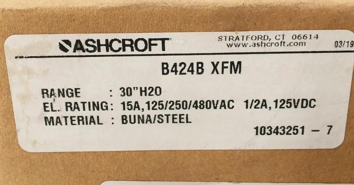 New Ashcroft B424B XFM Pressure Switch 30" H2O 15A 125/250/480VAC 1/2A 125VDC