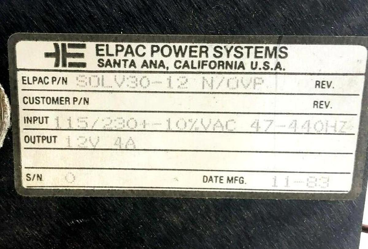 Used Elpac SOLV30-12 N/OVP Power Supply Input: 115/230VAC Output: 12V 4A
