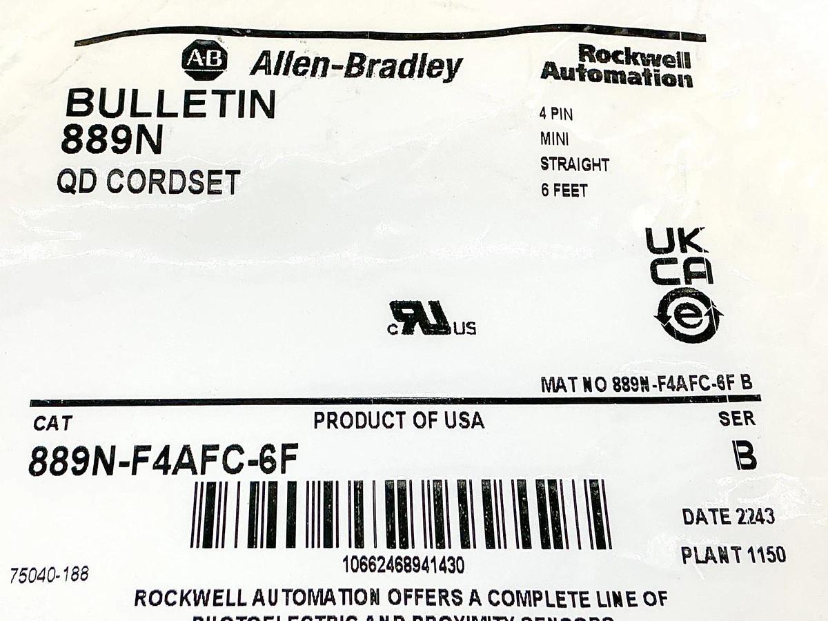 New Allen Bradley 889N-F4AFC-6F QD Cordset 4Pin Mini Straight 6' Ser.B