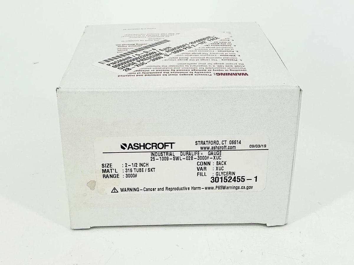 New Ashcroft 25-1009-SWL-02B-3000#-XUC Pressure Gauge 2-1/2" 3000PSI 316 Tube