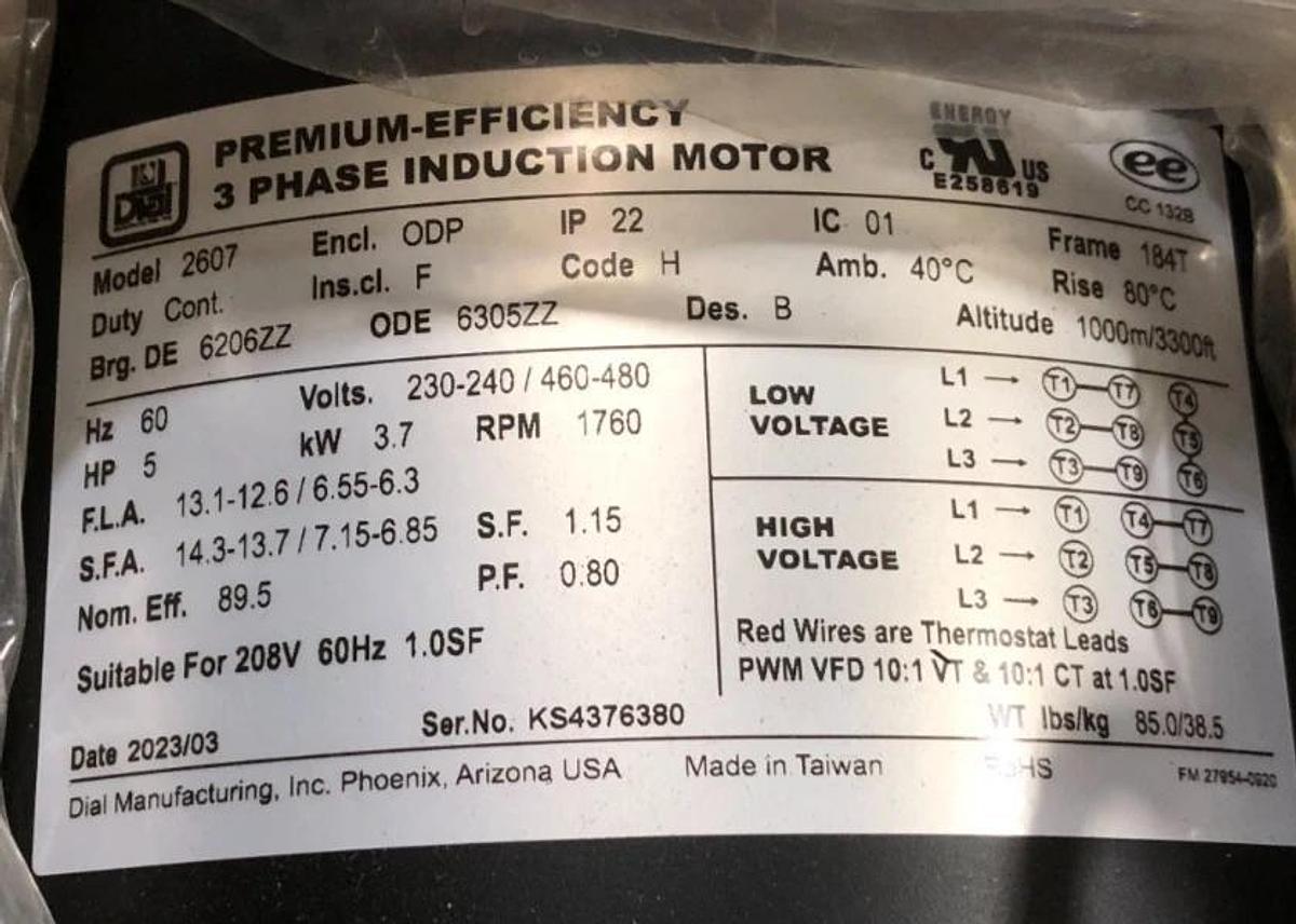 New Dial Manufacturing 2607 Motor 5HP 3PH 230/460V 1760rpm 13.1/6.55A