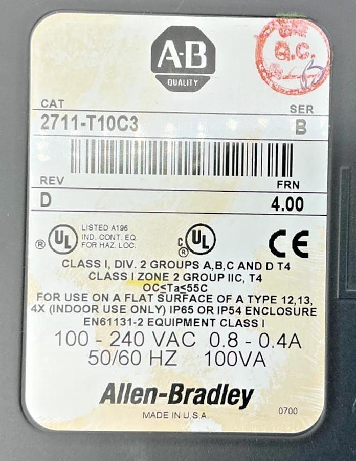 Used Allen Bradley 2711-T10C3 Ser B PanelView 1000 0.8-0.4A 100-240VAC 2711T10C3