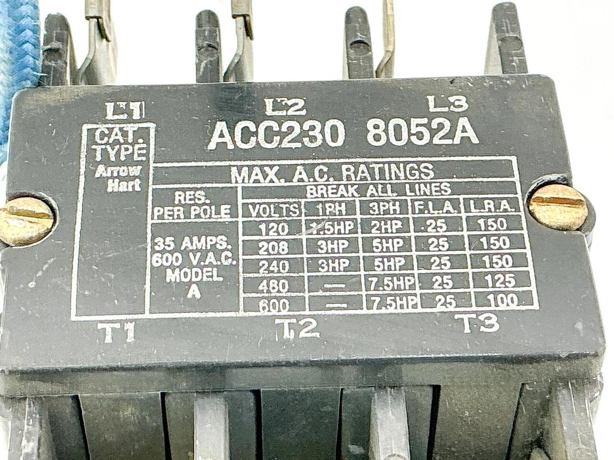 Used Arrow Hart ACC230-8052A Contactor 24V Coil 50/60Hz