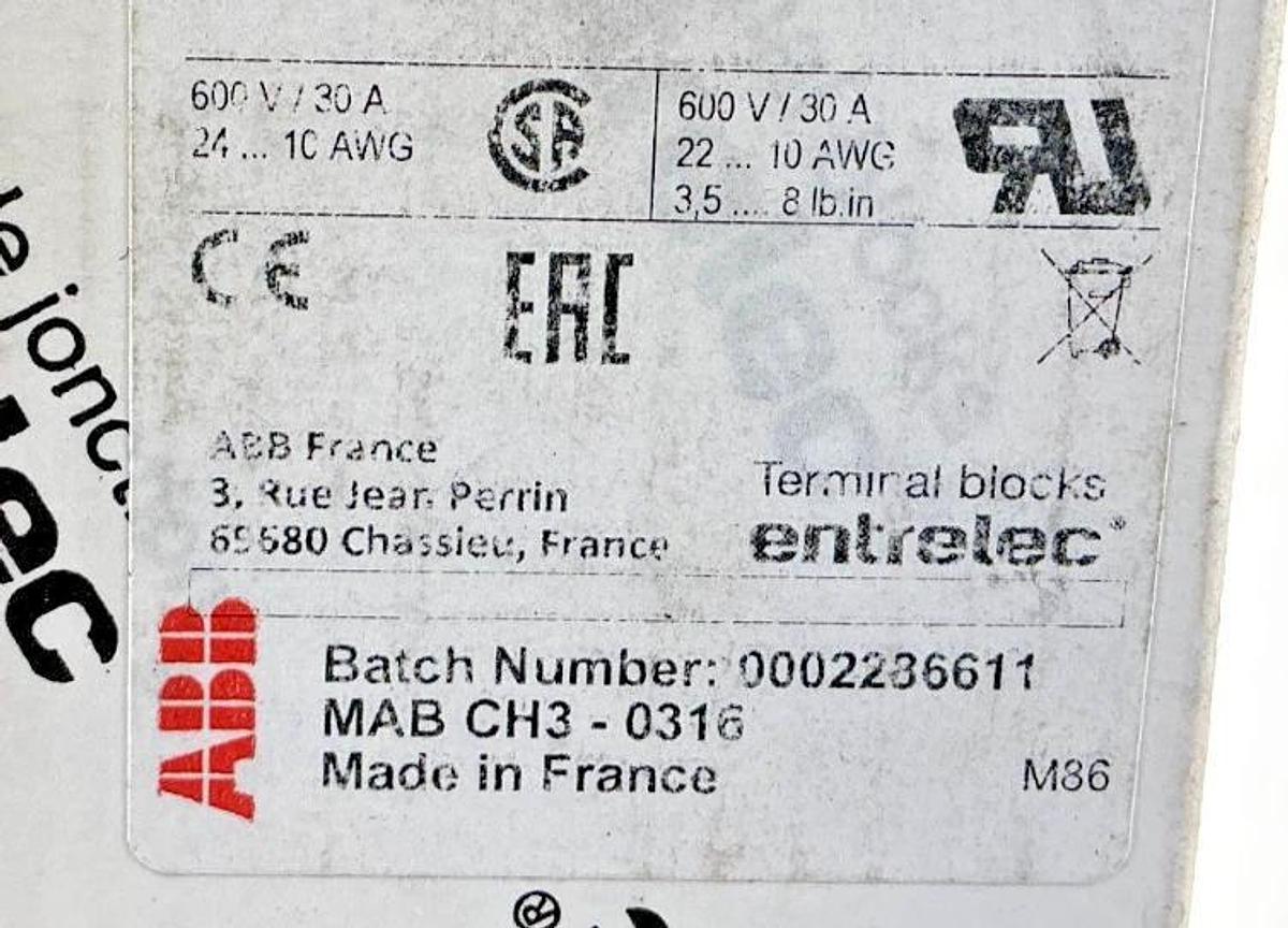 Box of 33 New ABB Entrelec 1SNA105031R1400 Terminal Block Black 10AWG 30A 600V