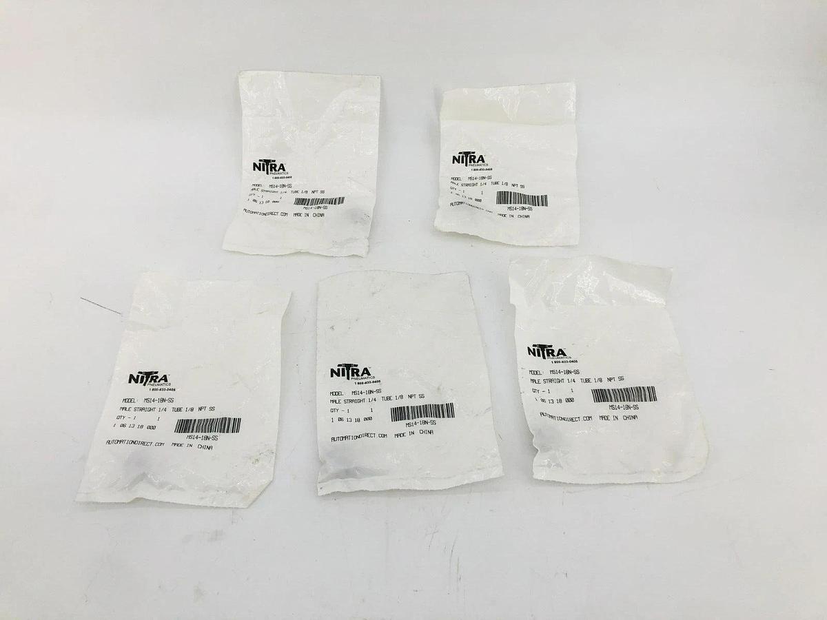 Lot of 5 New Nitra Pneumatics MS14-18N-SS Fittings Male Straight 1/4 x1/4 NPT SS