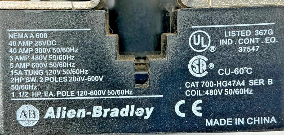 Used New Allen Bradley 700-HG47A4 Ser B Control Relay DPST-NO 40A 480V 50/60HZ