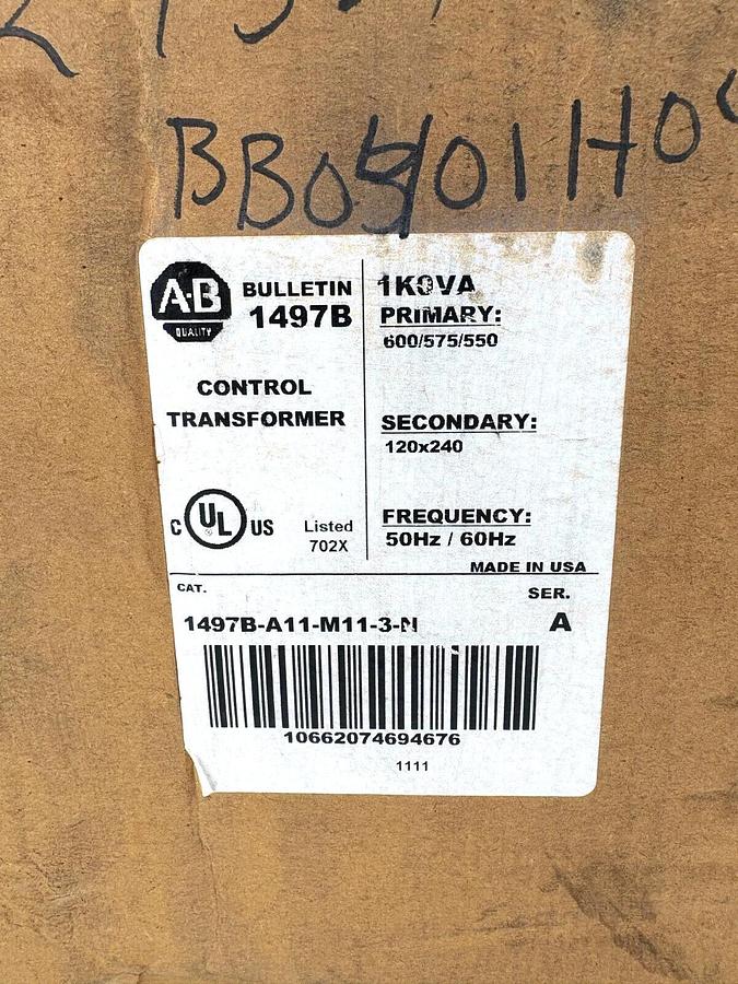 Allen Bradley 1497B-A11-M11-3-N Transformer 1KVA Pri. 600/575/550 Sec. 120x240