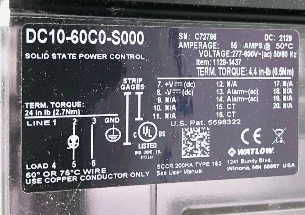 New Watlow DC10-60C0-S000 SCR Power Controller 55A 277-600VAC Out - No Box