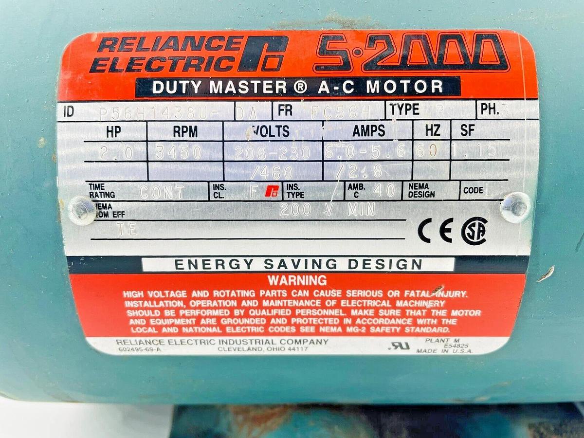 Used Reliance Electric P56H1438U-DA 5-2000 AC Motor 208-230V 5.5-6A 3450RPM 3PH 2HP