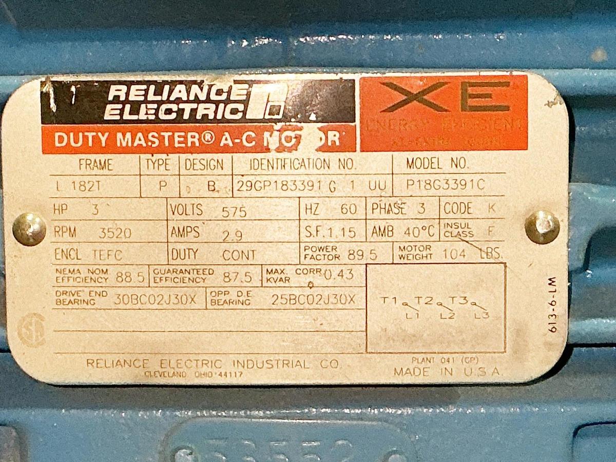 Used Reliance P18G3391C Electric Motor 3HP 575V 3520RPM 3PH 29GP183391 G UU