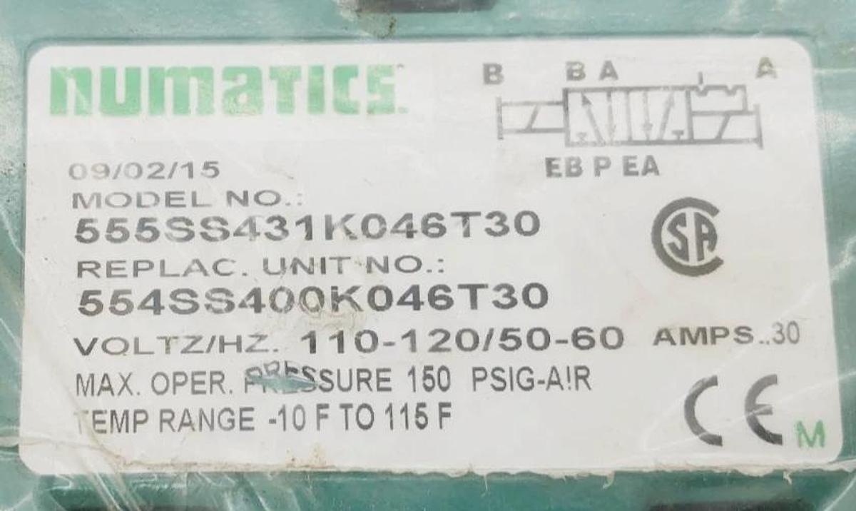 New Numatics 555SS431K046T30 Solenoid Valve 120V 554SS400K046T30 - No Box