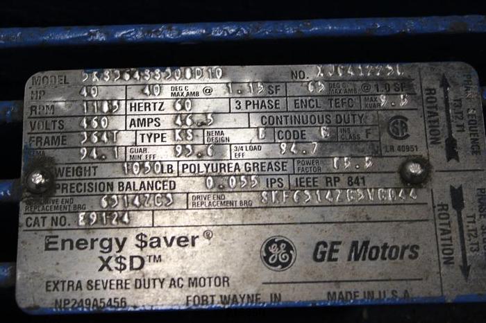 Used General Electric  Motor, 40 Hp, 1185 Rpm, 460 Volt, 364T Frame #21636