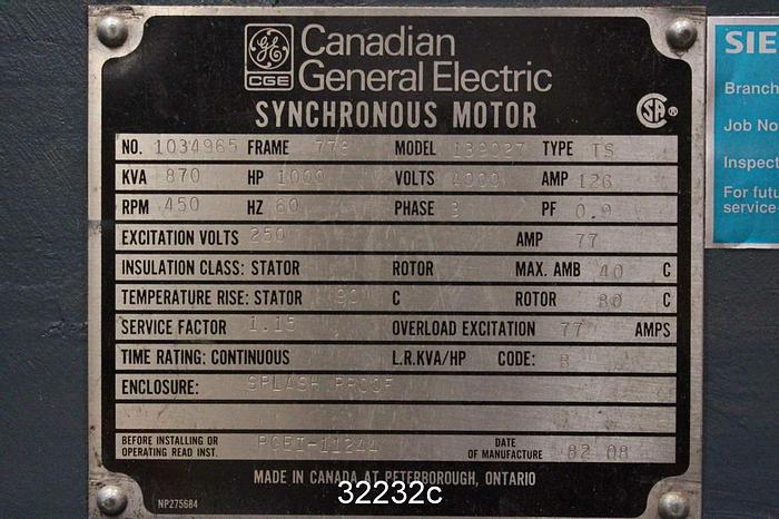 Used General Electric 139027 1000 Hp, 450 RPM, 4000 Volt Synchronous Motor #32232